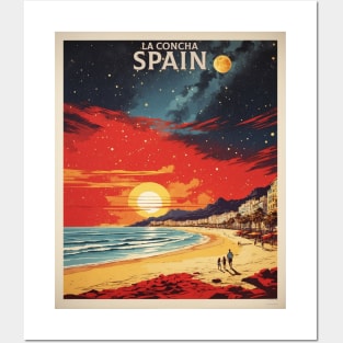 La Concha Beach Spain Starry Night Travel Tourism Retro Vintage Art Posters and Art